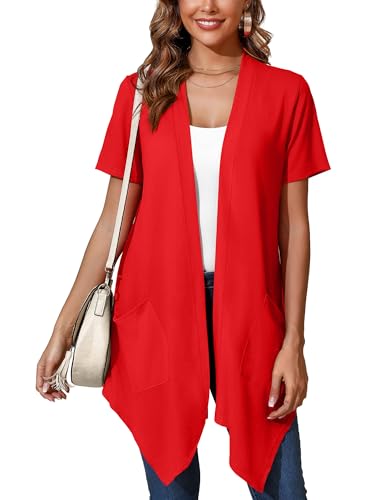 Image of Women's Lightweight Open Front Cardigans Short Sleeve Casual Soft Sheer Cardigan S-2XL with Pockets