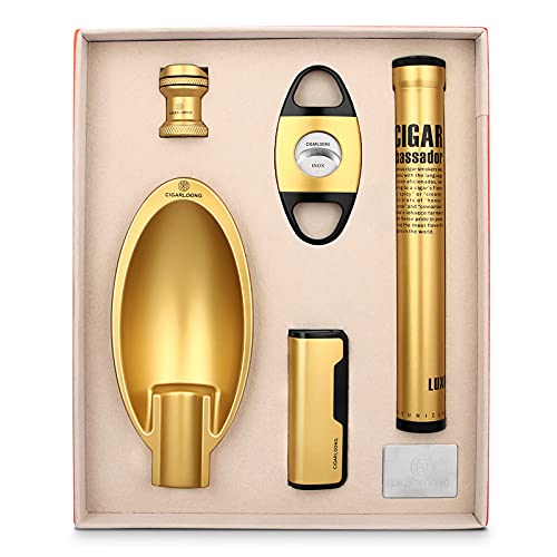 CIGARLOONG Luxury Cigar Cutter 5 Pieces Set, Cigar Lighter & Cigar Cutter & Cigar Tube & Cigar Stand & Ashtray Cigar Accessories Gift Set for Cigar Lover