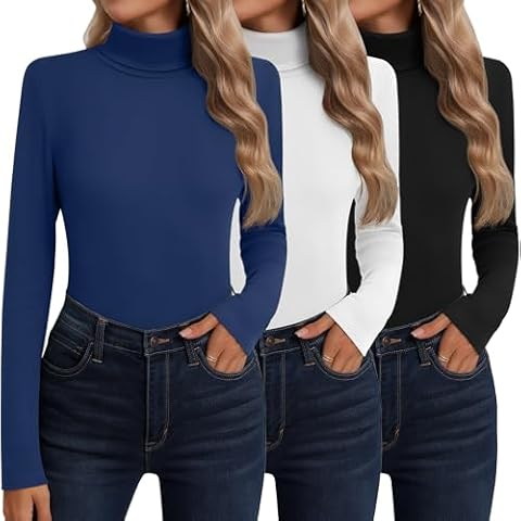 Neer 3 Pack Cotton Women's Turtleneck Long Sleeve Tops Thermal Underwear Base Layer Fall Winter Shirts Sweater(Black, White, Haze Blue,M) Cover