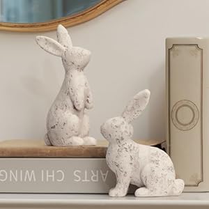 DN DECONATION Easter Bunny Decorations Set of 2 Beige Resin Rabbit Statues Home Decor Spring Rabbit Figurines Travertine Bunny Sculptures Table Centerpiece Vintage Farmhouse Indoor Decor Gift
