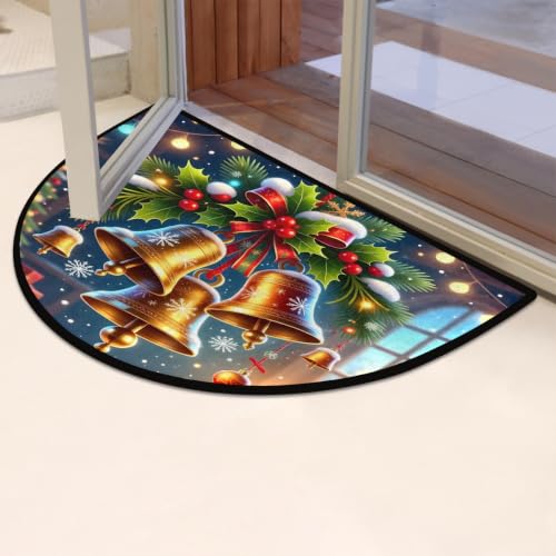 Image of Half Round Doormat Washable Kitchen Semi Circle Rug Bell Holly Christmas