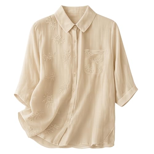 Image of Gufrina Women Embroidered Button Down Shirt with Floral Leaf Thread Work Collared Neck Half Sleeves Relaxed Fit Casual Office Wear Shirt