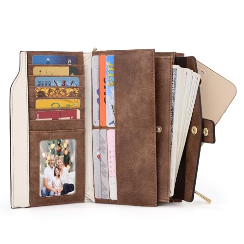 Image of UTO Wallet Women Vegan Leather Wristlet Snap Long Purse Credit Card Holder Elegant Clutch, 0459 Beige with Brown, Large, Compact