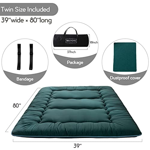Image of MAXYOYO Japanese Floor Mattress Futon Mattress, Thicken Sleeping Pad Foldable Roll Up Floor Futon for Adults Tatami Mat Dormitory Lounger, Dark Green, Twin Size