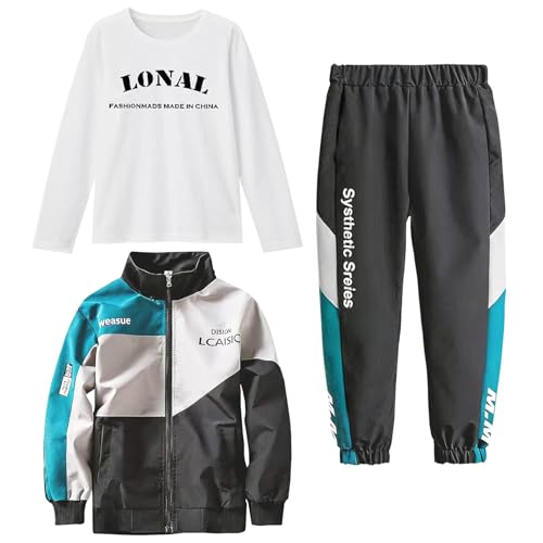 Amur Leopard Survêtement Garçon Ensemble 2pcs/3pcs Veste Zippée + Pantalons + T-Shirt à Manches Longues Costume Jogging Enfant, Vert 3pcs, 170/14-15 Ans