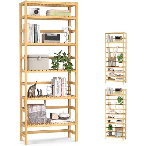 Homykic 6-Tier Bamboo Bookshelves and Bookcases, Adjustable 63.4”Tall Shallow Book Shelf Organizer Rack, Freestanding Storage Shelving Unit for Living Room, Kitchen, Bathroom, Office, Natural Cover