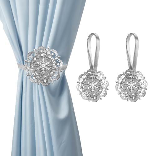 Magnetic Curtain Tiebacks 2 Pack, Silver Crystal Mandala Curtain Holdbacks, No-Drill Magnetic Curtain Ties for Living Room, Bedroom & Window Decor
