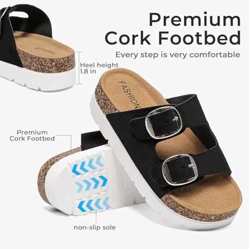 Image of Platform Sandals Womens Slides Cork Footbed Clogs Sandals With Arch Support | Wide Width Wedge Sandals with Adjustable Double Buckle, Non-Slip Mules Chunky Clogs Sandals for Walking, Beach Summer Shoes