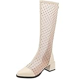 CuteFlats Botas de red hasta el tobillo/rodilla para primavera/verano con tacones de bloque y cremalleras traseras para mujer, Beige 1, 45.5 EU