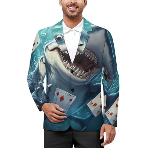 Poker Card Shark Mens Suit Jacket Lapel Blazers V Neck Button Business Coat Tuxedo for Wedding Party