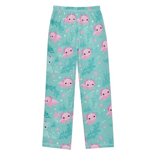 Cute Axolotl Pattern Pajama Pants Soft Lounge Sleepwear PJ Bottoms with Elastic Waist Ages 6–14 Years