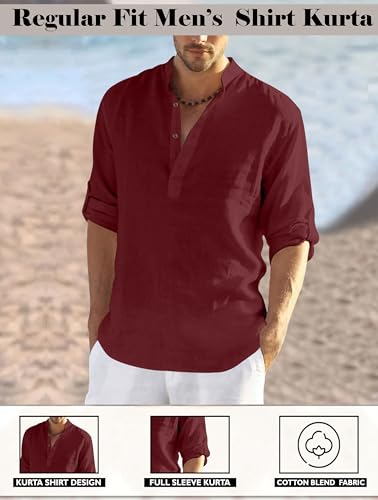 Image of FINIVO FASHION Men's Cotton Blend Solid Full Sleeve Combo Short Kurta Shirt, Regular Fit Solid Pattern Mandarin Collar Straight Kurta Shirt