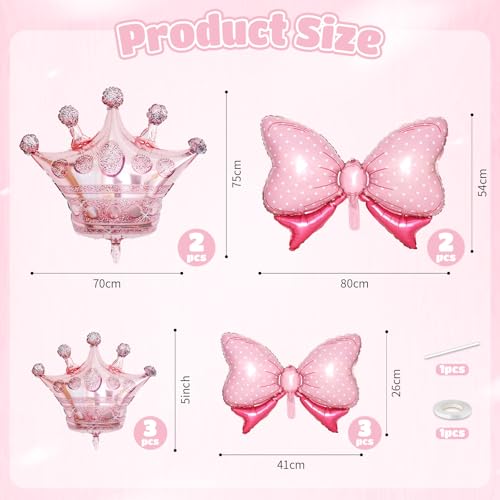 Image of 10pcs Rose Gold Crown Balloons And Light Pink Bow Balloon, Light Pink Bows Balloons, Large Rose Gold Crown Foil Balloon With Two Sizes For Birthday Baby Shower Theme Party Wedding Decor