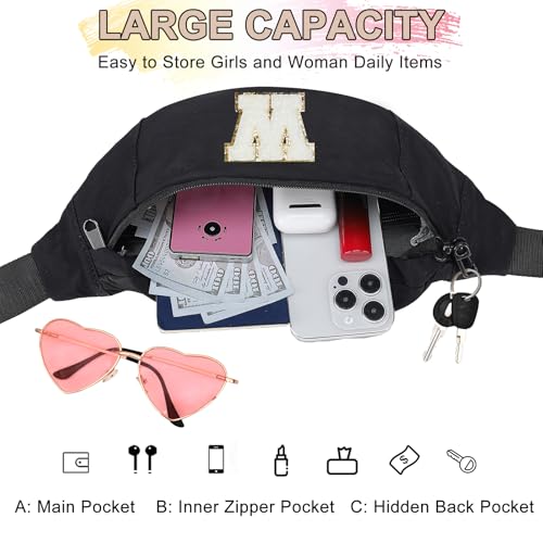 Image of MAXTOP Birthday Gifts for Women Men,Personalized Initial Letter Patch Fanny Pack Crossbody Bag with 3-Zipper Christmas Gift Trendy Stuff for Daughter Sister Her,Black W