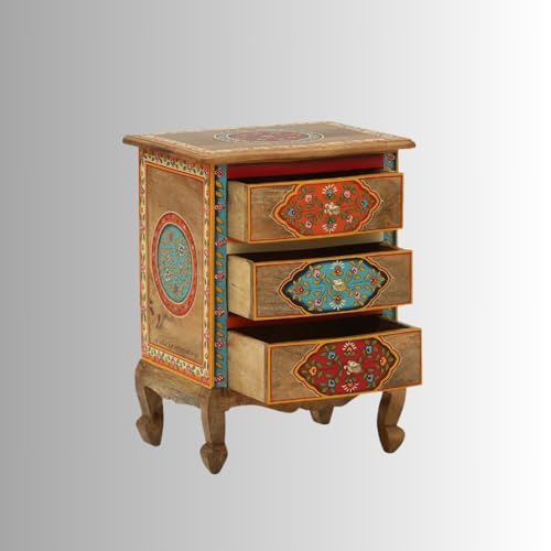 Image of Wooden Bedside Table for Bedroom with Drawer | Solid Wood Nightstand, Hand Painted Bed Side Table | Medium Size Storage Cabinet for Living Room, Multicolour-BS5
