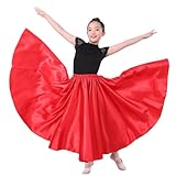 Girls Satin Full Circle Long Dance Skirt Ankle Length Shiny Satin Swing Skirt for Girls 8-12 Years Belly Dance Long Skirt (360 Degree, Red)