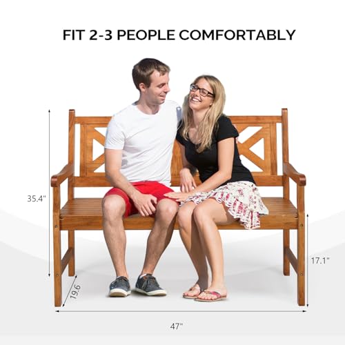 Image of VINGLI 50 inch Outdoor Wood Bench, Weatehr Resistant Wooden Garden Patio Bench with Comfortable Backrest & Curved Armrest, 800lb Capacity Loveseat for Front Porch Park Yard Deck (Natural, Geometric)