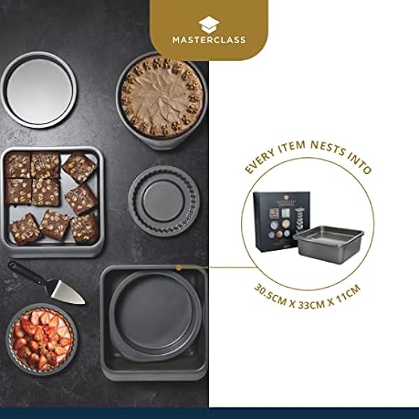 MasterClass Smart Space Set da 7 Pezzi da Forno Impilabili e Antiaderenti in Confezione Regal: Teglie per Brownie, Sformati, Quiche, Sandwich, Rotonde e Rettangolari