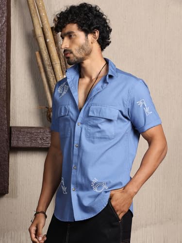 Image of Thomas Scott Men's | Embroidered Printed | Half Sleeve | Regular Fit | 100% Cotton | Double Pocket | Spread Collar | Casual Shirt