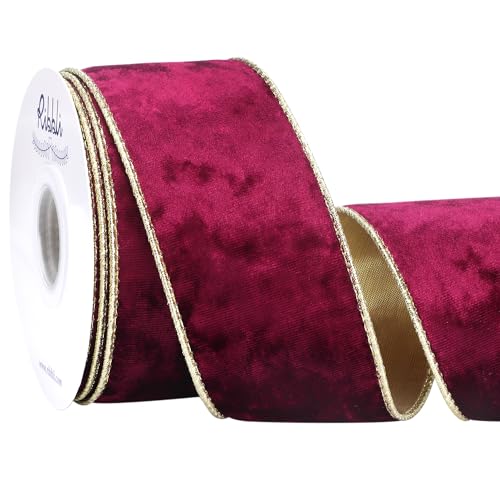 Image of Ribbli Burgundy Velvet Wired Ribbon 2.5 Inch Metallic Burgundy Red Gold Crushed Velvet Christmas Ribbon for Gift Wrapping Christmas Tree Decoration Crafts Wreaths Supplies-Continuous 10 Yards