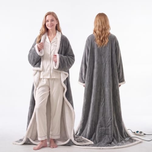 Warmrest Draagbare verwarmingsdeken met mouwen, elektrische warmtedeken met voetzak, 6 warmtestanden en 2-10 uur automatische uitschakeling, lichtgrijs, 127 x 177,8 + 45,7 cm