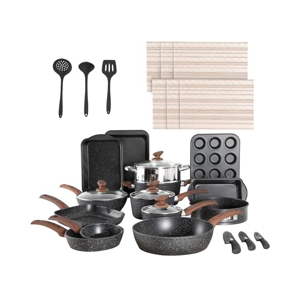 30 piece pots and pans set non stick granite induction cookware sets nonstick kitchen cookware sets non toxic cookware set with frying pans and saucepan kitchen pots and pans set black  urban country home decor