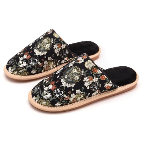 JadeRich Women Oriental Style Embroidery Slippers Embroidered Floral Satin Upper Plush Lining House Shoes