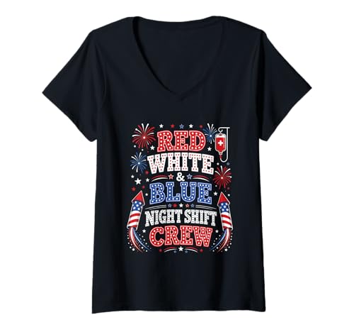 Women's Red White Blue Night Shift Crew Funny Patriotic Nurse V-Neck T-Shirt