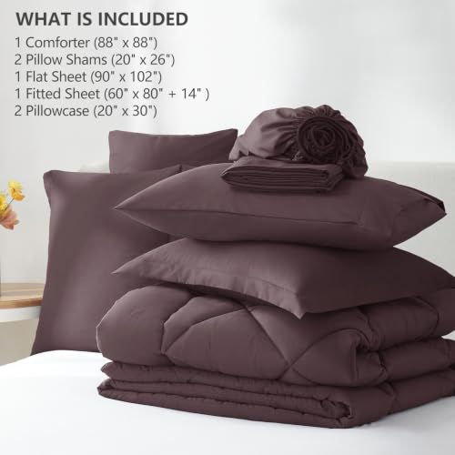 Image of CozyLux Queen Comforter Set Cocoa Powder - Bed in a Bag Queen Size 7 Pieces, Luxury Soft Bed Set for All Seasons, Bedding Set with Down Alternative Comforter, Sheets, Pillowcases & Shams