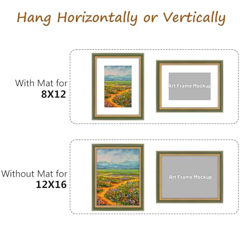 Image of Golden State Art,12x16 Ornate Picture Frame Holds 8x12 Photo,Green Gold | Includes plexiglass front,white mat,build-in hangers and buttons.Displays 8x12 photo on wall
