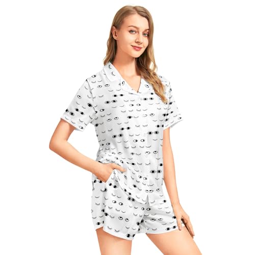 Image of Funny Pajamas for Women Set Print Satin Loungewear Pjs Short Sleeve Button Down Top and Shorts Sets Sleepwear XS-3XL