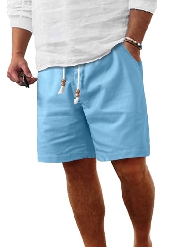 Comdecevis Mens Cotton Linen Casual Shorts Sky Blue M 34
