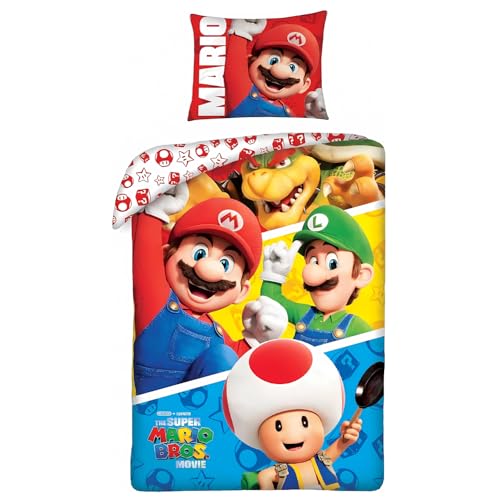 Parure de Lit Super Mario, Housse de Couette Réversible 140x200 cm, Taie d'oreiller 65x65 cm (Parure Housse de Couette Super Mario)