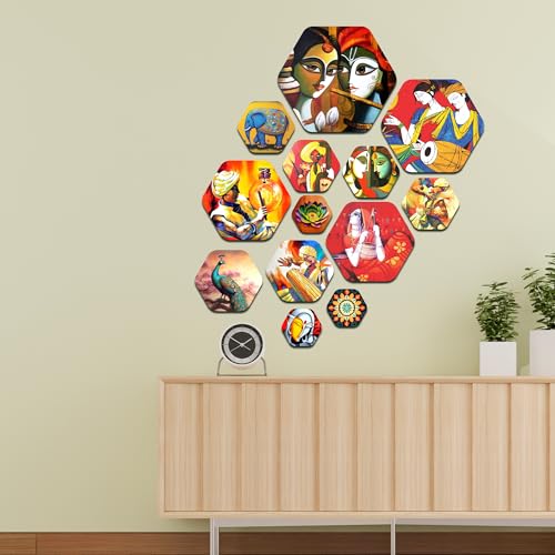 Image of Decor Smart Radha Krishna Wooden Wall Art | Living Room Decoration | Cultural Folk Accent | Home Decor Decorative Artwork | Traditional Indian Music Dance Wall Hanging | Vibrant Sticker Panel(WPS 216)