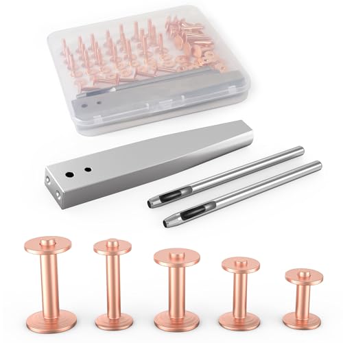 Funira 124 peças rebites e rebites de cobre 60 kit de rebites e varetas de cobre de 5 tamanhos, com ferramenta de rebitagem e 2 furos para cintos carteiras colares de couro