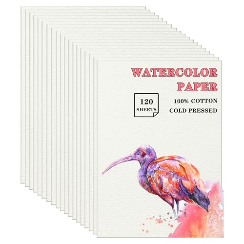Silunkia 120 Sheets 100% Cotton Watercolor Paper 7 x 10, 140lb/300gsm Heavyweight Cold Pressed Off White Paper for Students Adults Beginner Artists Drawing Valentine Gift Cards