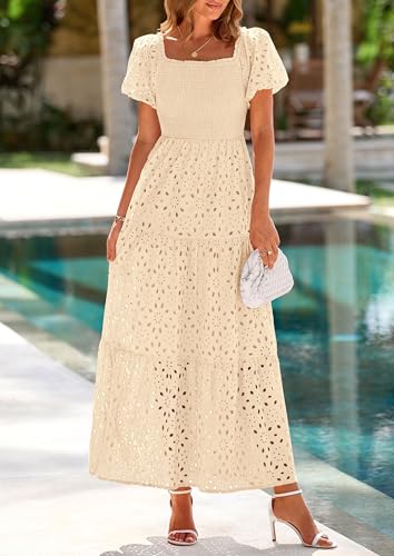 Image of PRETTYGARDEN Summer Dresses for Women 2026 Eyelet Square Neck Puff Sleeve Smocked Wedding Guest Maxi Dress with Pockets