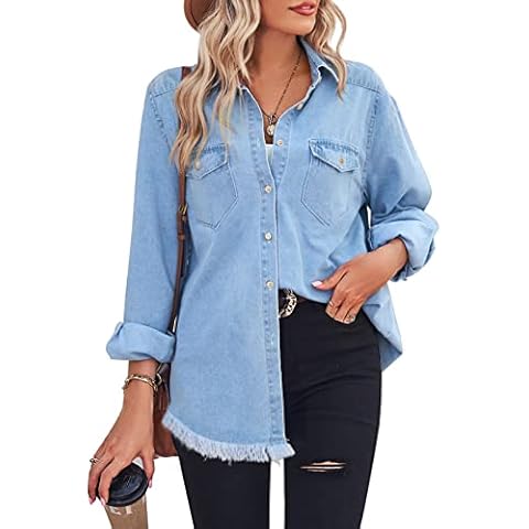 Zilcremo Women Denim Shirt Chambray Collared Jean Shirts Long Sleeve Pocket Button Down Blouses Blue L Cover