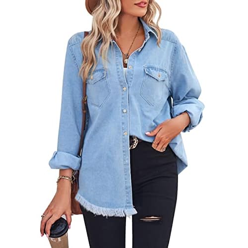 Zilcremo Women Denim Shirt Chambray Collared Jean Shirts Long Sleeve Pocket Button Down Blouses Small Blue