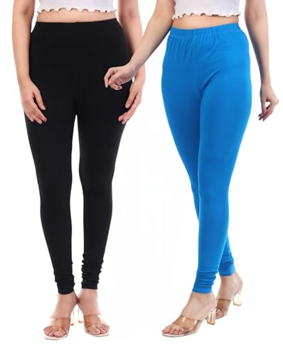 Image of TPF Women Solid Cotton Lycra 4 Way Stretchable Leggings | Combo Pack of 2 Comfortable Churidar-Length Slim Fit Leggings for Women & Girls
