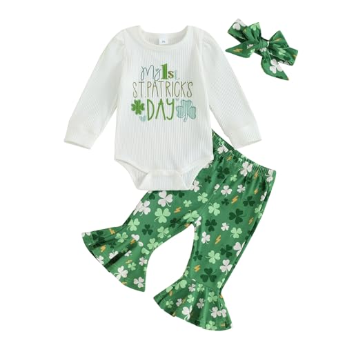 wybzd My First St Patrick's Day Baby Girl Outfit Ribbed Romper Shamrock Onesie Top Bell-Bottom Pants Sets Cute Clothes 1ST Patricks 3-6 Months