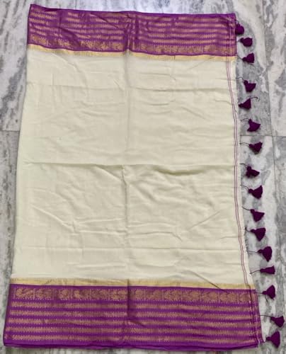 Image of Women's Mul Cotton Saree with Tassels | Soft Mulmul Saree | Woven Stripes & Zari Line | 5.5 Metres - Without Blouse