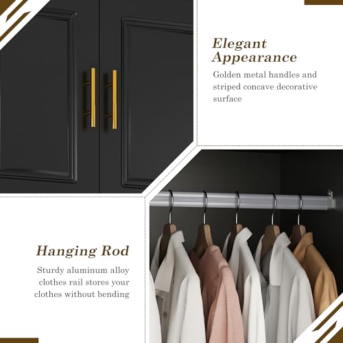 Hlivelood Large Armoire Wardrobe Closet Cabinet with Drawers and LED Lights, Multi-Tier Shelves, Hanging Rod, Large Capacity Storage 4 Door Wardrobe Armoire with Top Cabinet for Bedroom, Black