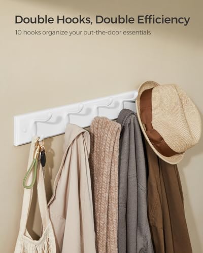 Image of SONGMICS Wall-Mounted Coat Rack, Hook Rack, 5 Dual Metal Hooks, White | For Coats, Bags, Keys, in the Entryway, Bedroom, Living Room ULHR235W01