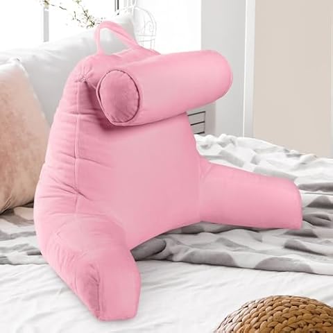 Cheer Collection Reading Pillow Chair - Chair Pillow with Arms and Detachable Neck Bolster for Bed & Couch - Machine Washable, Pink Cover