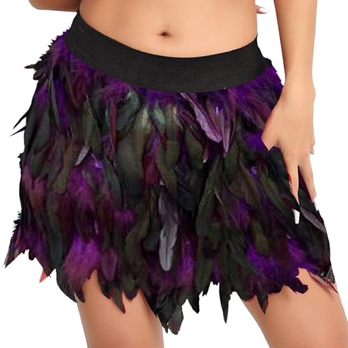 Falda de plumas para mujer, vintage, disfraz de carnaval de plumas, mini falda en A, estilo gótico, con cintura elástica, disfraz corto para fiestas de carnaval, morado, M
