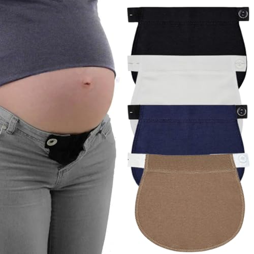 OUDQFCJ 4 Piezas Extensores de Jeans con Cintura Ajustable, Extensor de Pantalones de Maternidad, Alargador de Pantalones, Extensores de Botones, Faja y Cinturon para Mujeres Embarazadas