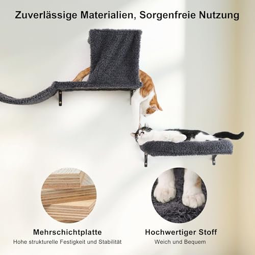 FUKUMARU Kletterwand Katzen Set, 10-teilig Katzen Kletterwand Set, aus robuster Multiplexplatte，Hängematte Katze mit Katzenhaus, Katzenbrücke, Katzenbaum, Katzentreppe bis zu 18 kg, Grau