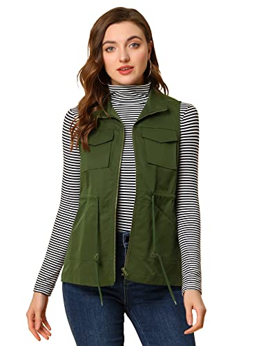 Allegra K Women's Utility Sleeveless Casual Drawstring Zipper Cargo Vest Large Army Green #TOP21