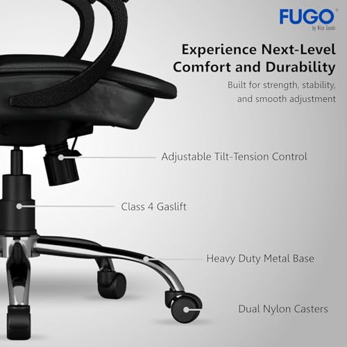 Image of FUGO FG233 Ergonomic Medium Back Office Chair with 3-Year Warranty, Adjustable Height, Cushioned Back&Seat, Tilting Mechanism, Heavy-Duty Metal Base, Dual Nylon Casters-Ideal for Work,Study (Black)